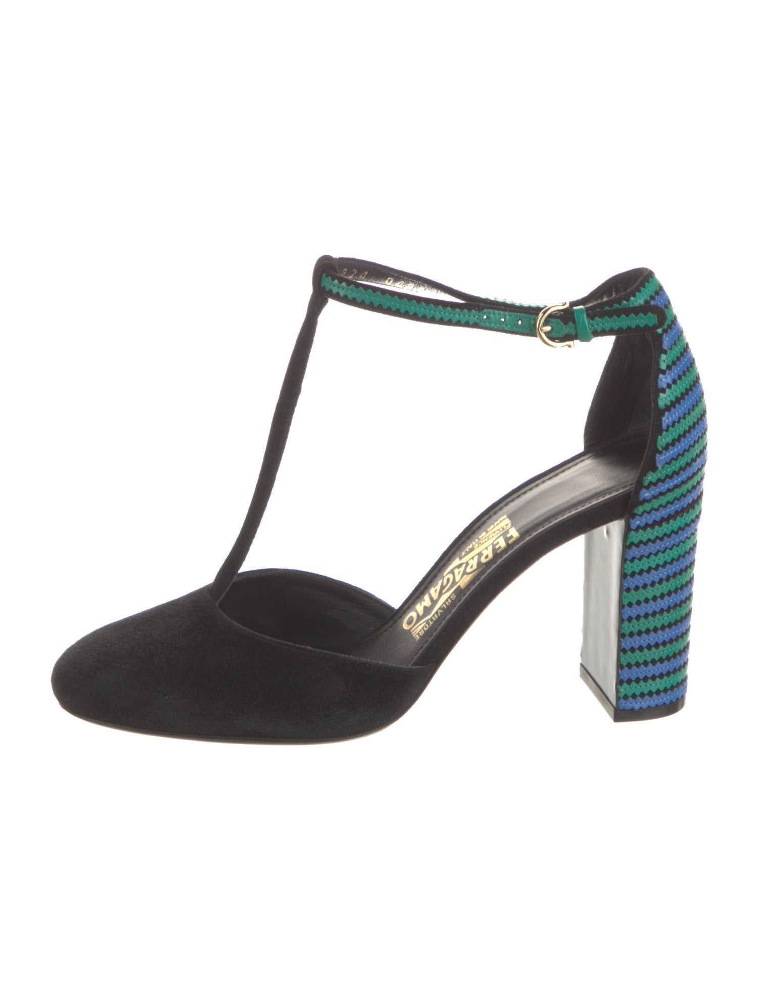 Ferragamo Suede Printed T-Strap Pumps