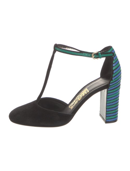 Ferragamo Suede Printed T-Strap Pumps