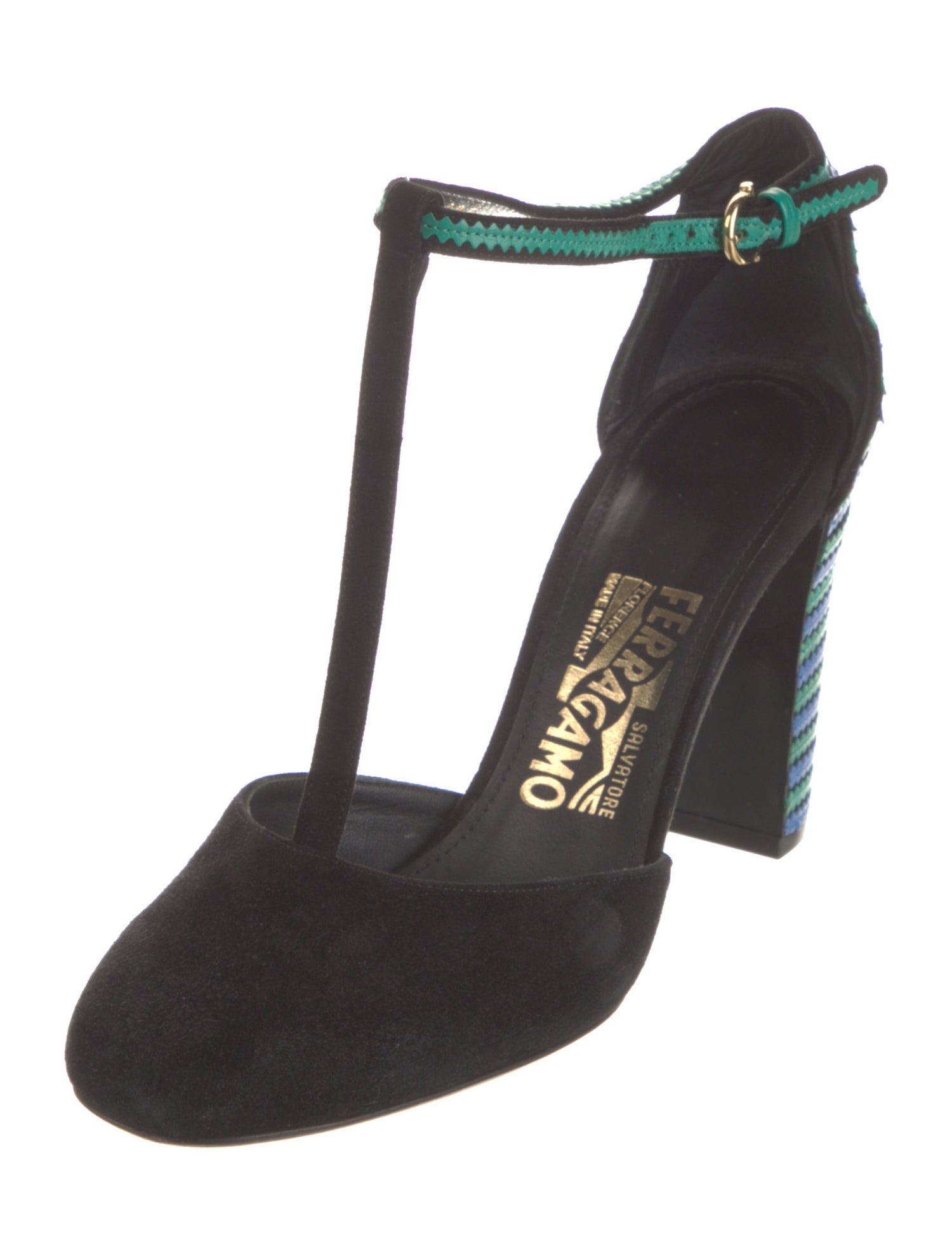 Ferragamo Suede Printed T-Strap Pumps