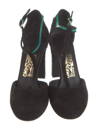 Ferragamo Suede Printed T-Strap Pumps