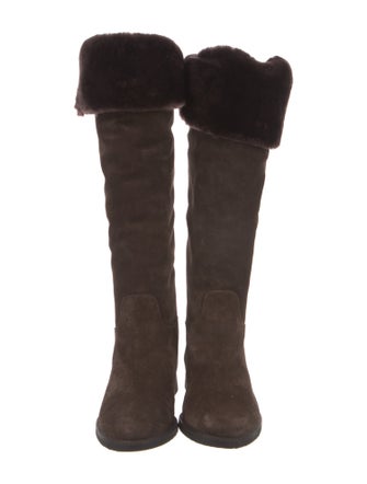 Ferragamo Suede Fur Trim Riding Boots