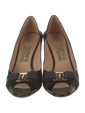 Ferragamo Patent Leather Bow Accents Pumps