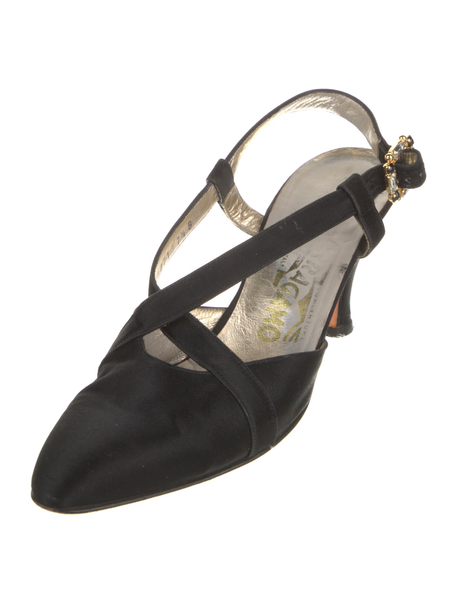 Ferragamo Satin Leather Trim Embellishment Slingback Pumps