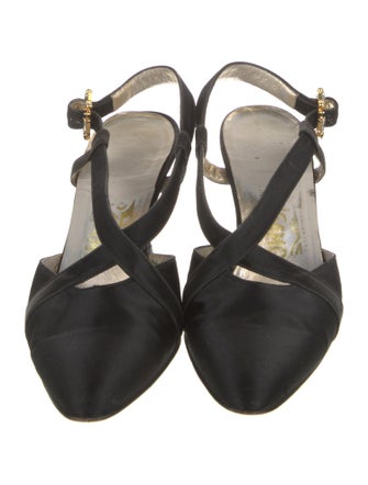 Ferragamo Satin Leather Trim Embellishment Slingback Pumps