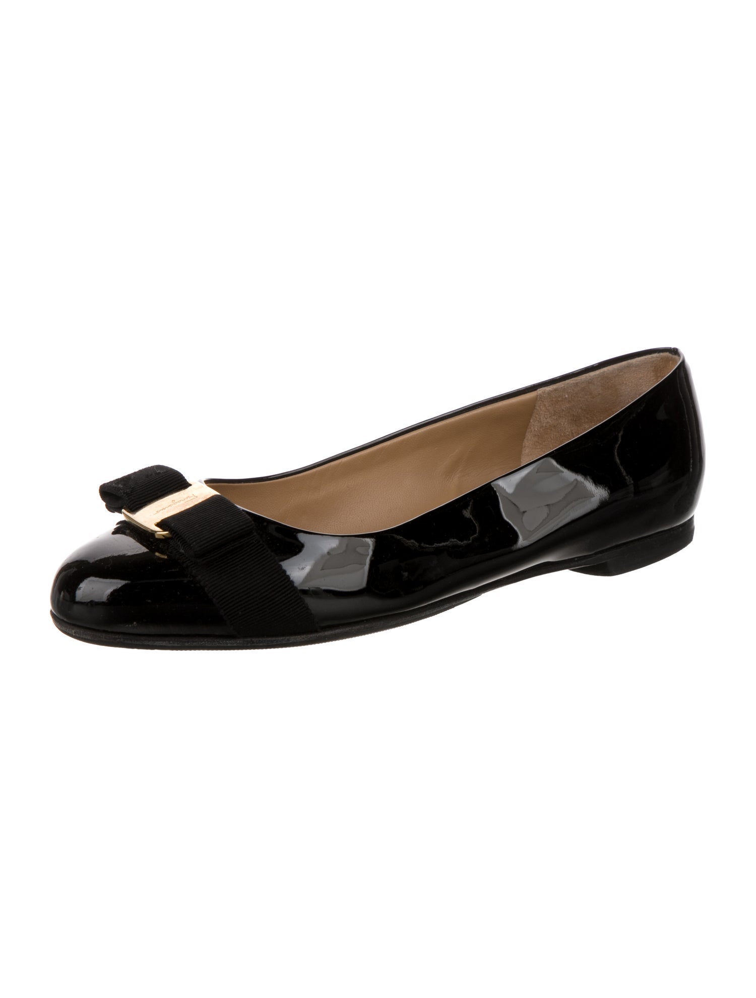 Ferragamo Patent Leather Bow Accents Ballet Flats