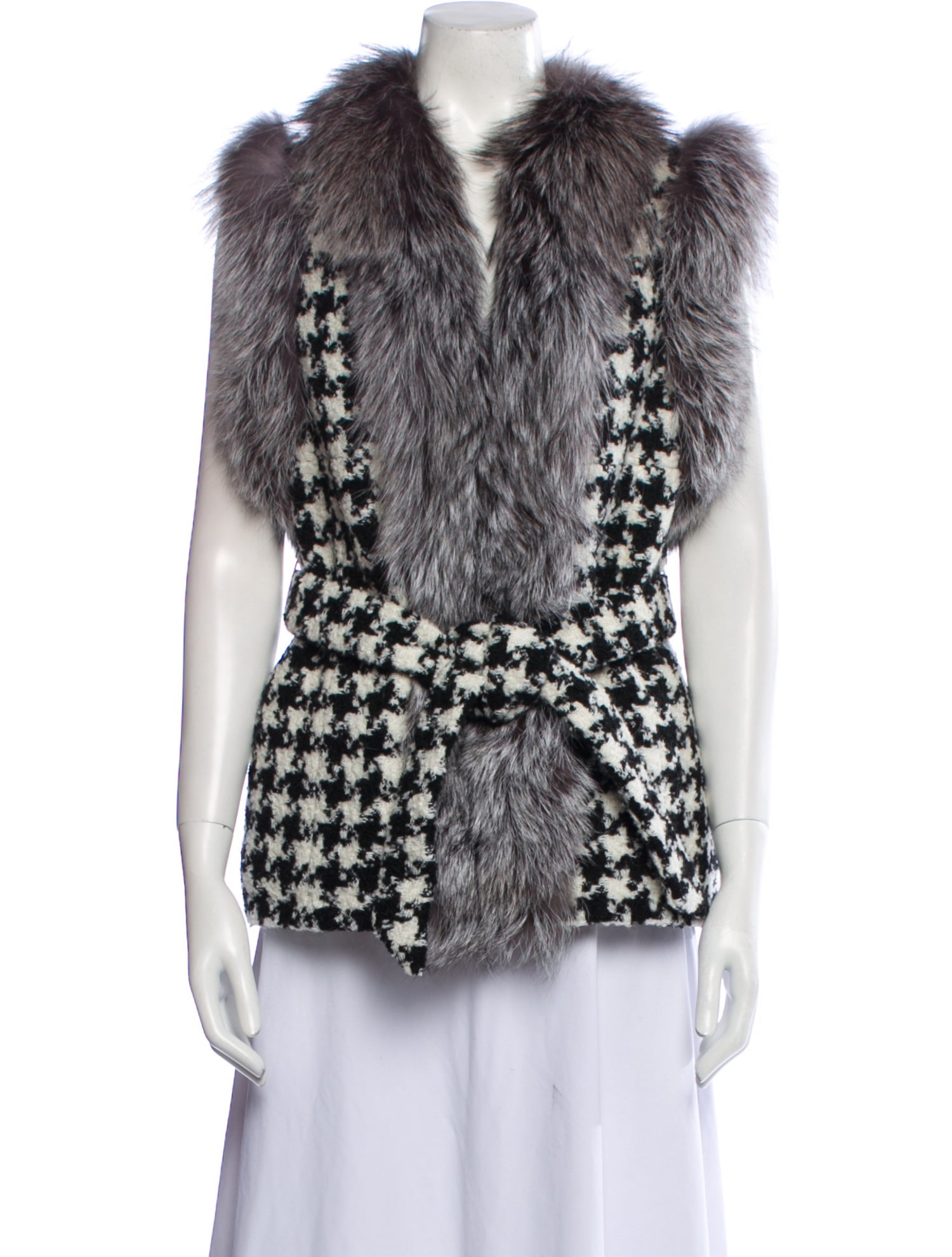 Fur Fox Houndstooth Print Vest