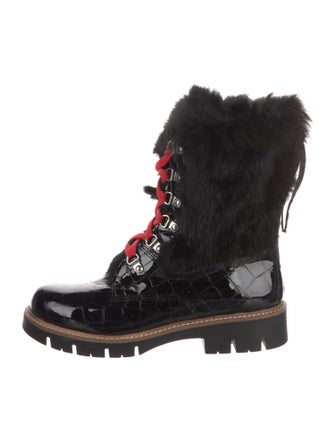 Fur Patent Leather Fur Trim Combat Boots