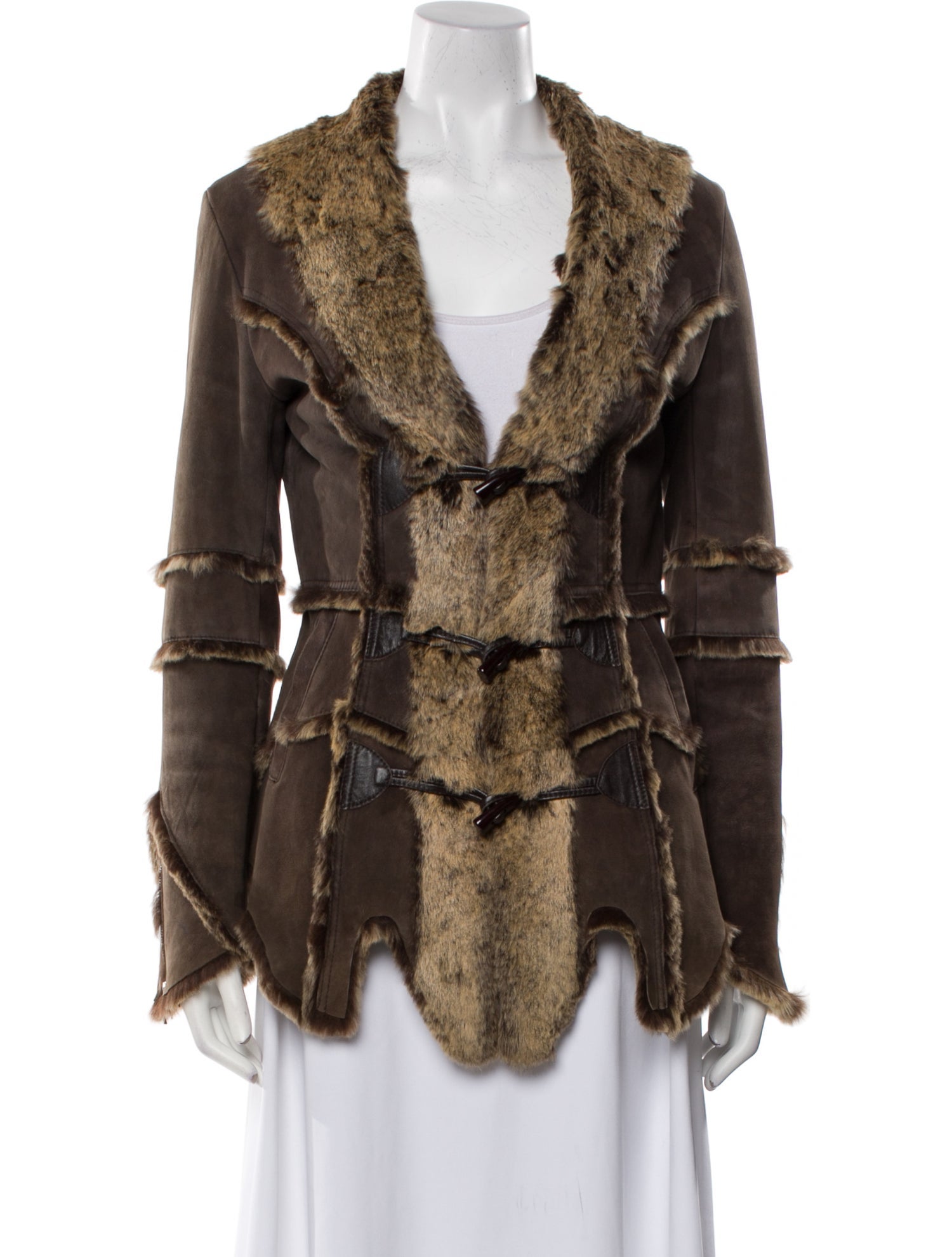 Fur Leather Colorblock Pattern Coat