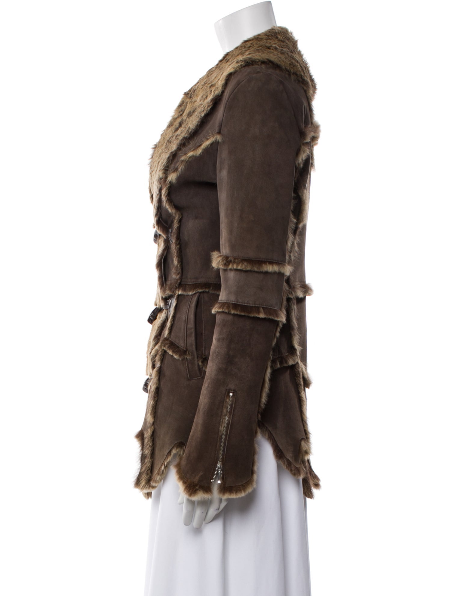 Fur Leather Colorblock Pattern Coat