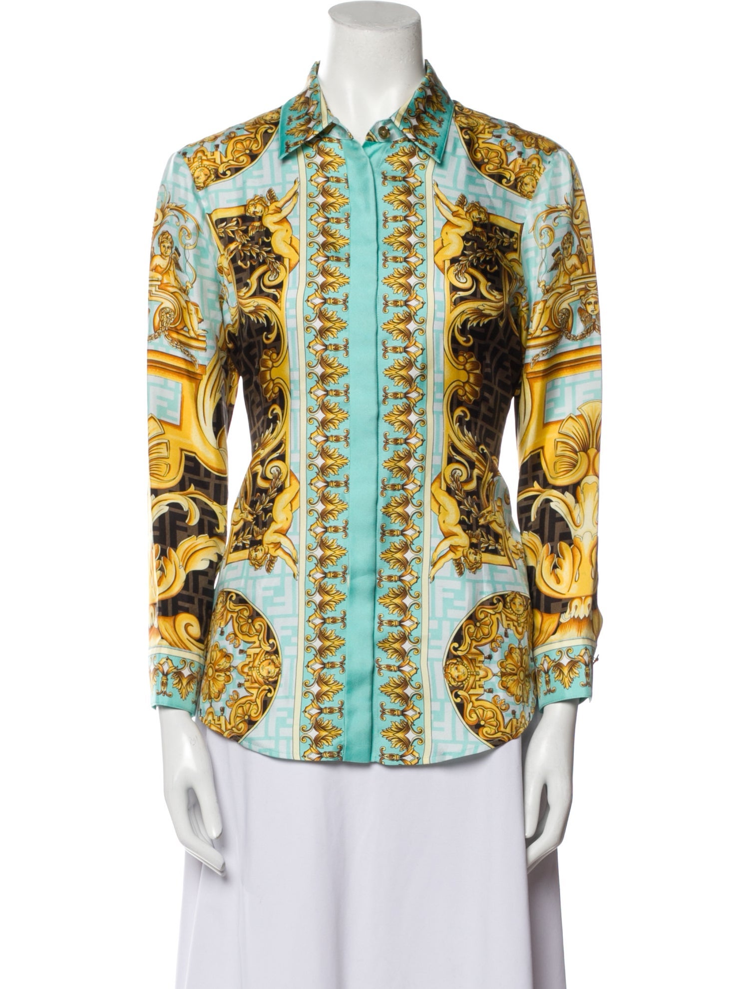 Fendace Silk Printed Button-Up Top