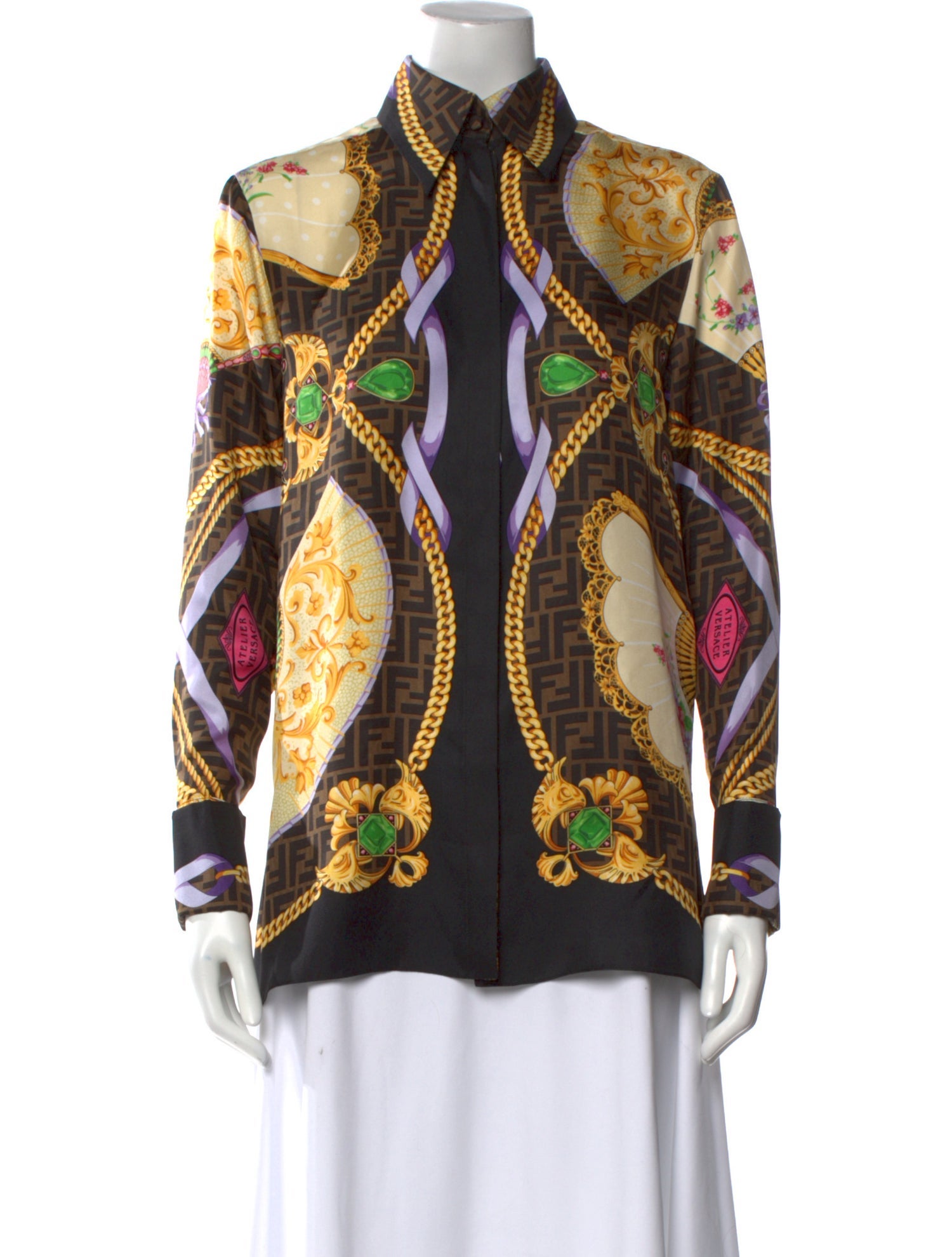 Fendace Silk Printed Button-Up Top w/ Tags