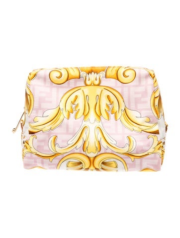Pre-owned Fendace Nylon Baroque Medium Trapezoid Beauty Pouch In Neutral