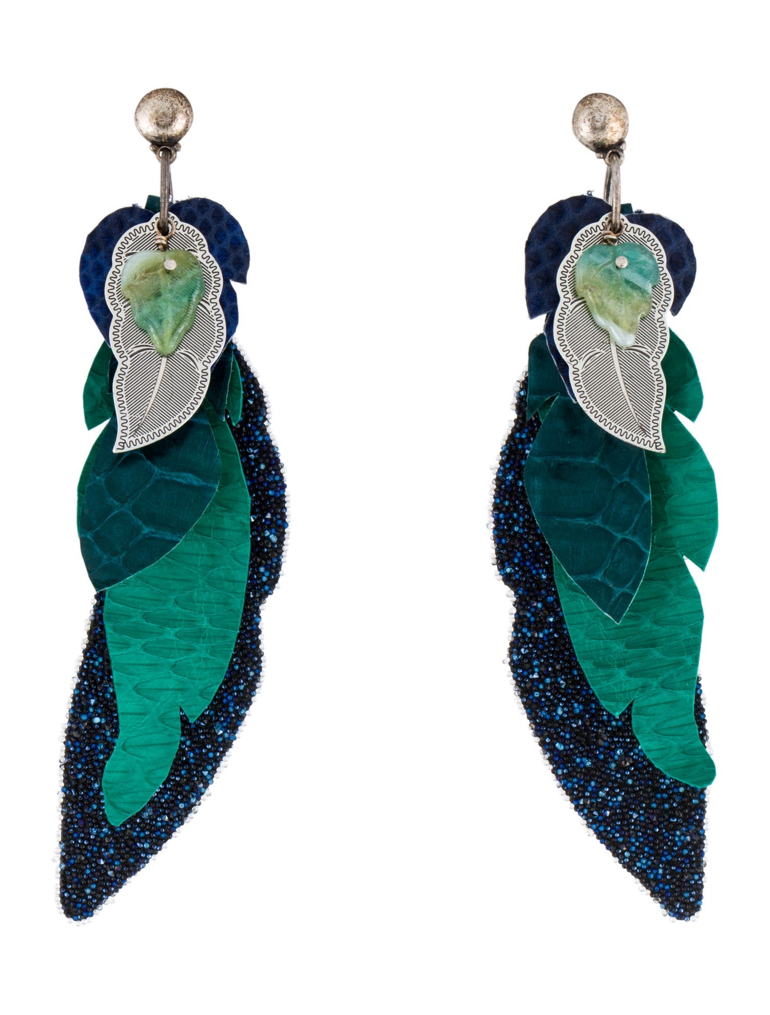 Gas Bijoux Lizard & Bead Feather Drop Earrings