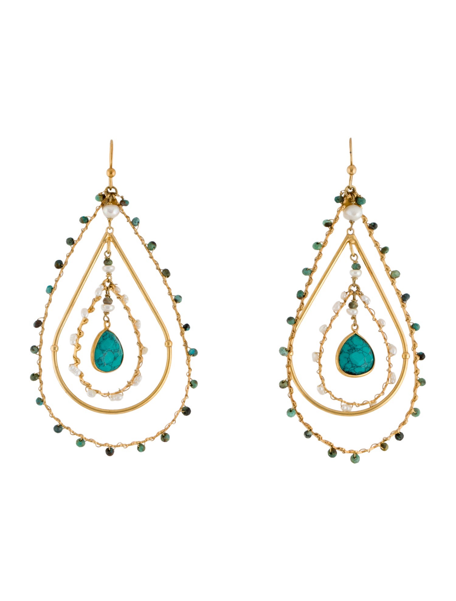 Gas Bijoux Pearl, Blue Stone & Green Stone Drop Earrings