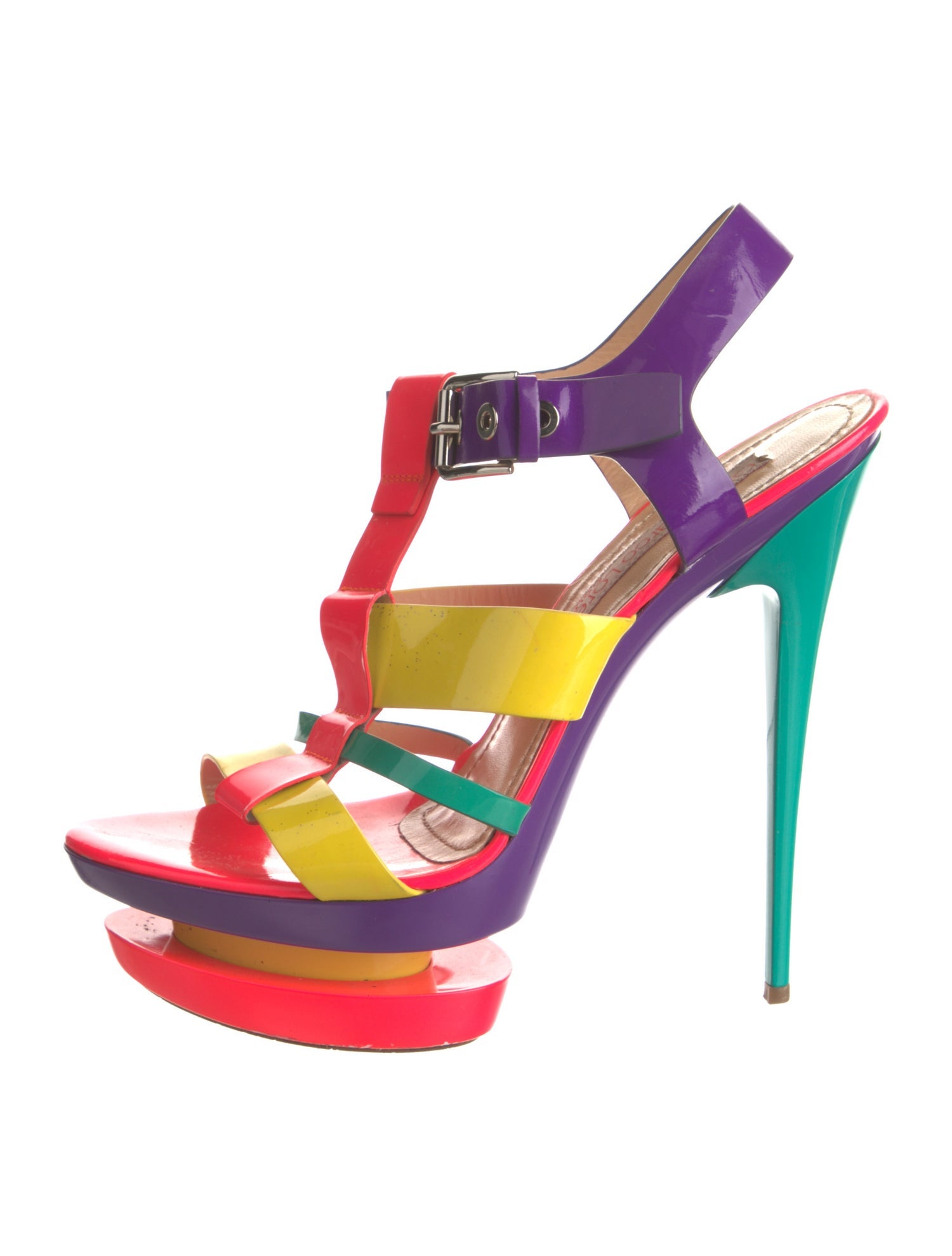 Gianmarco Lorenzi Patent Leather Colorblock Pattern T-Strap Sandals