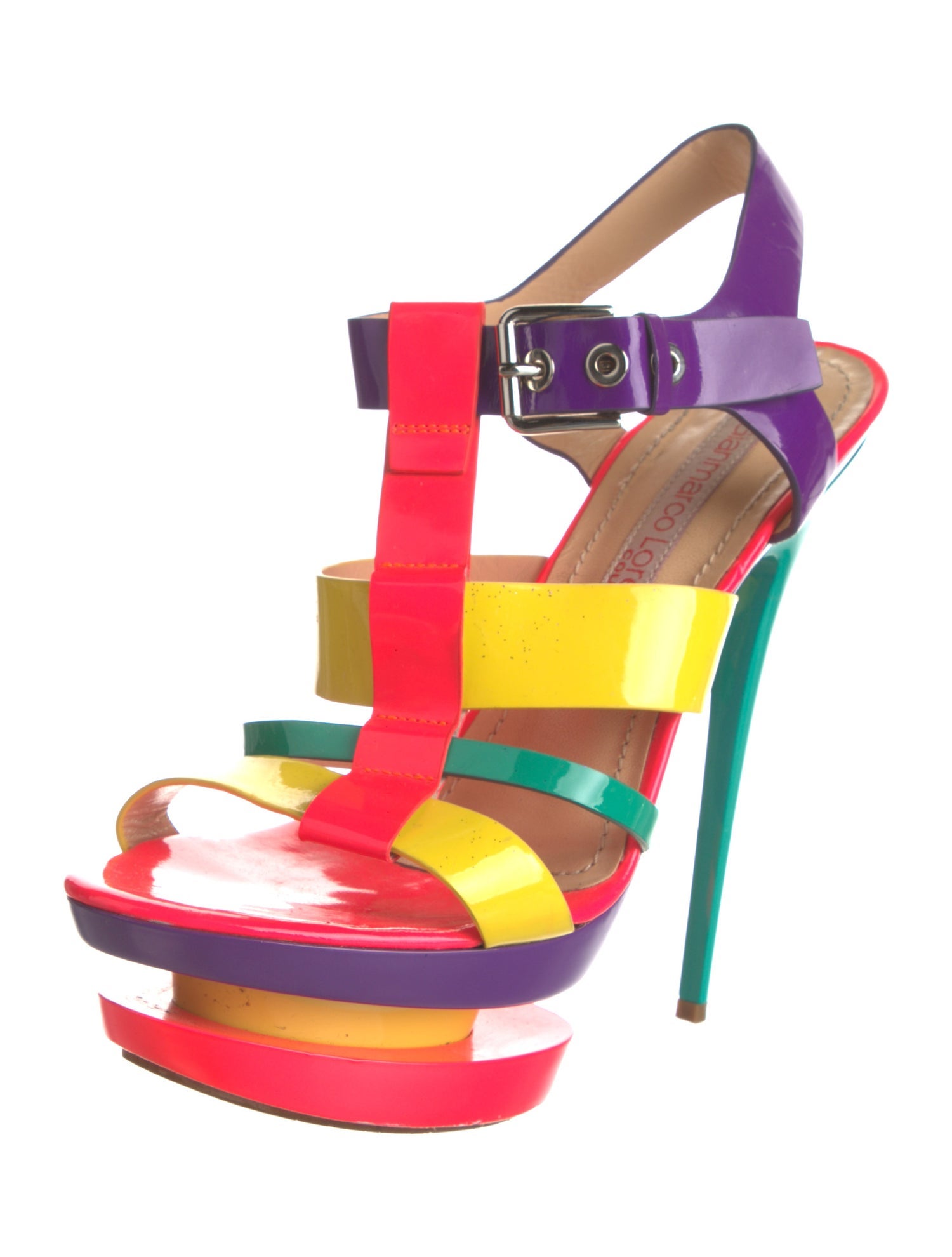 Gianmarco Lorenzi Patent Leather Colorblock Pattern T-Strap Sandals