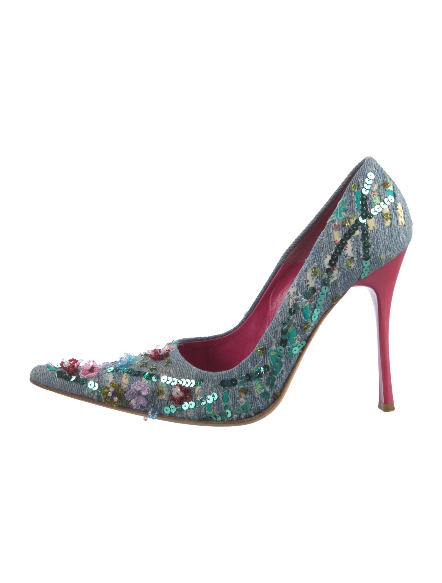 Gianmarco Lorenzi Denim Floral Print Pumps
