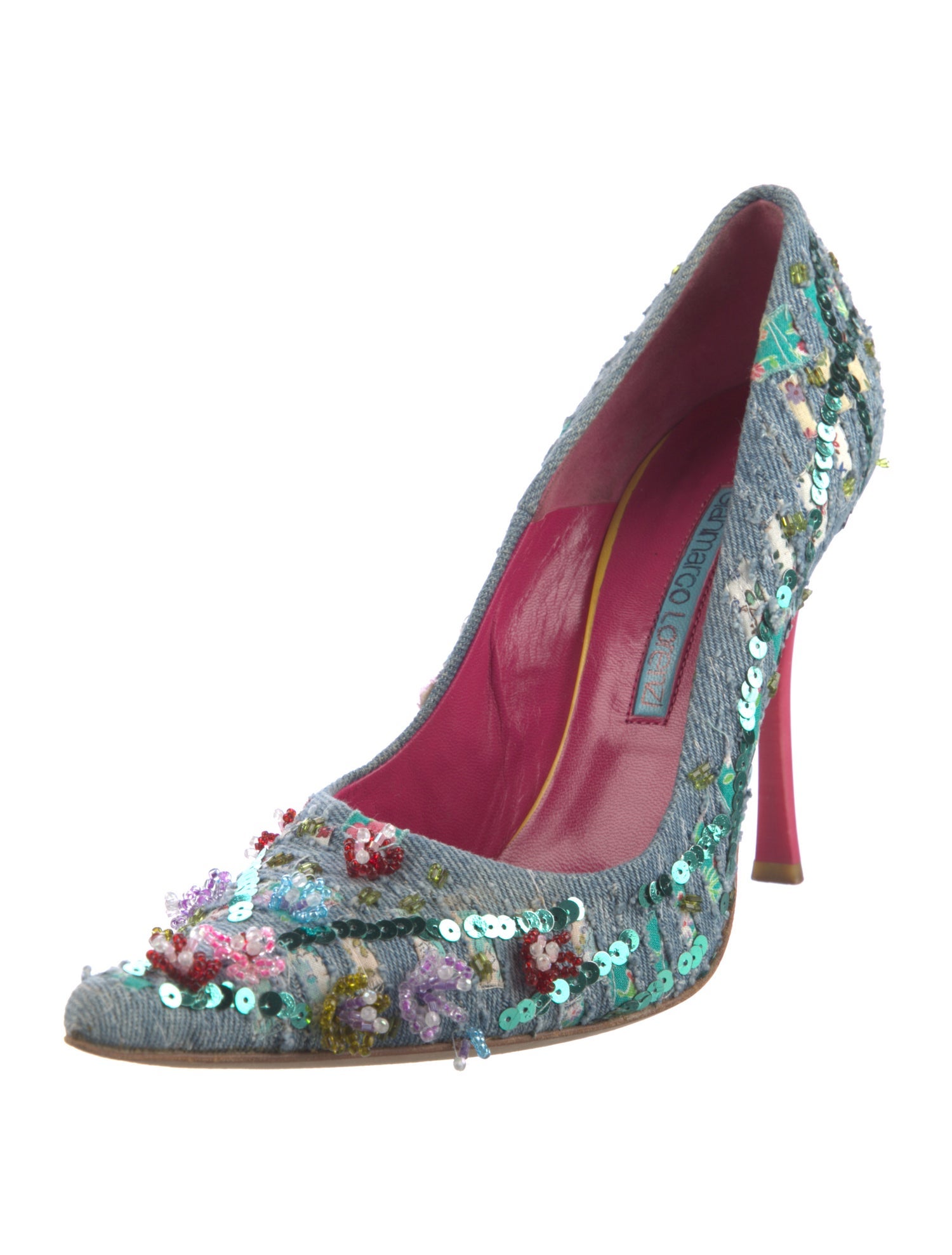 Gianmarco Lorenzi Denim Floral Print Pumps
