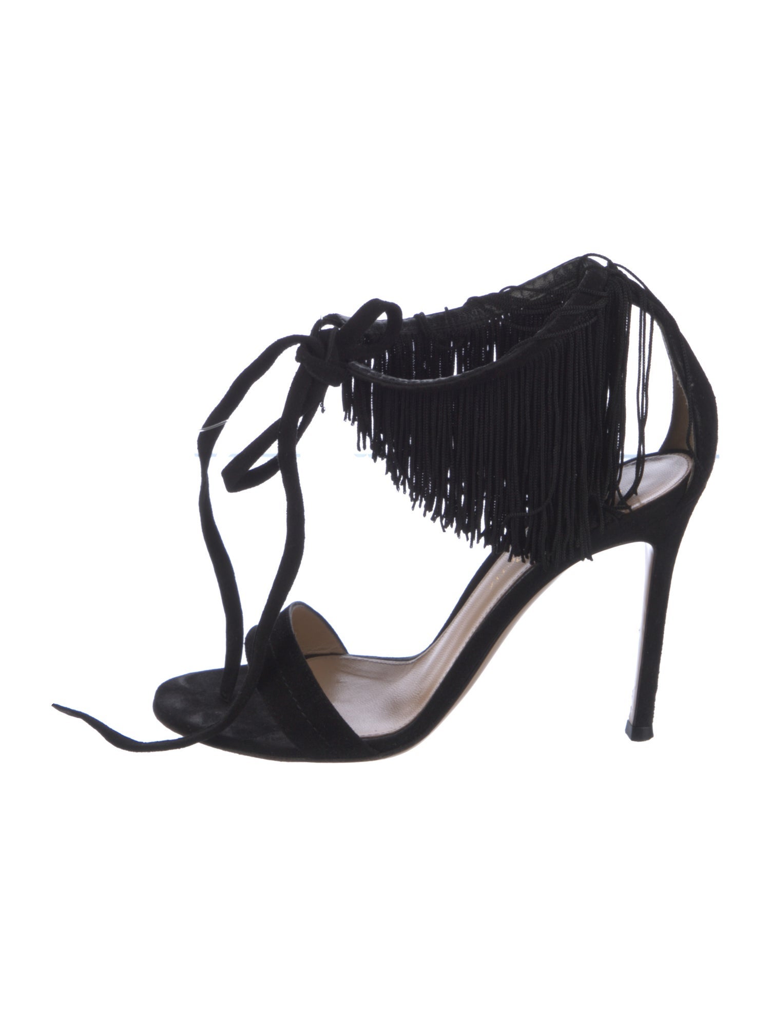Gianvito Rossi Suede Fringe Trim Accent T-Strap Sandals