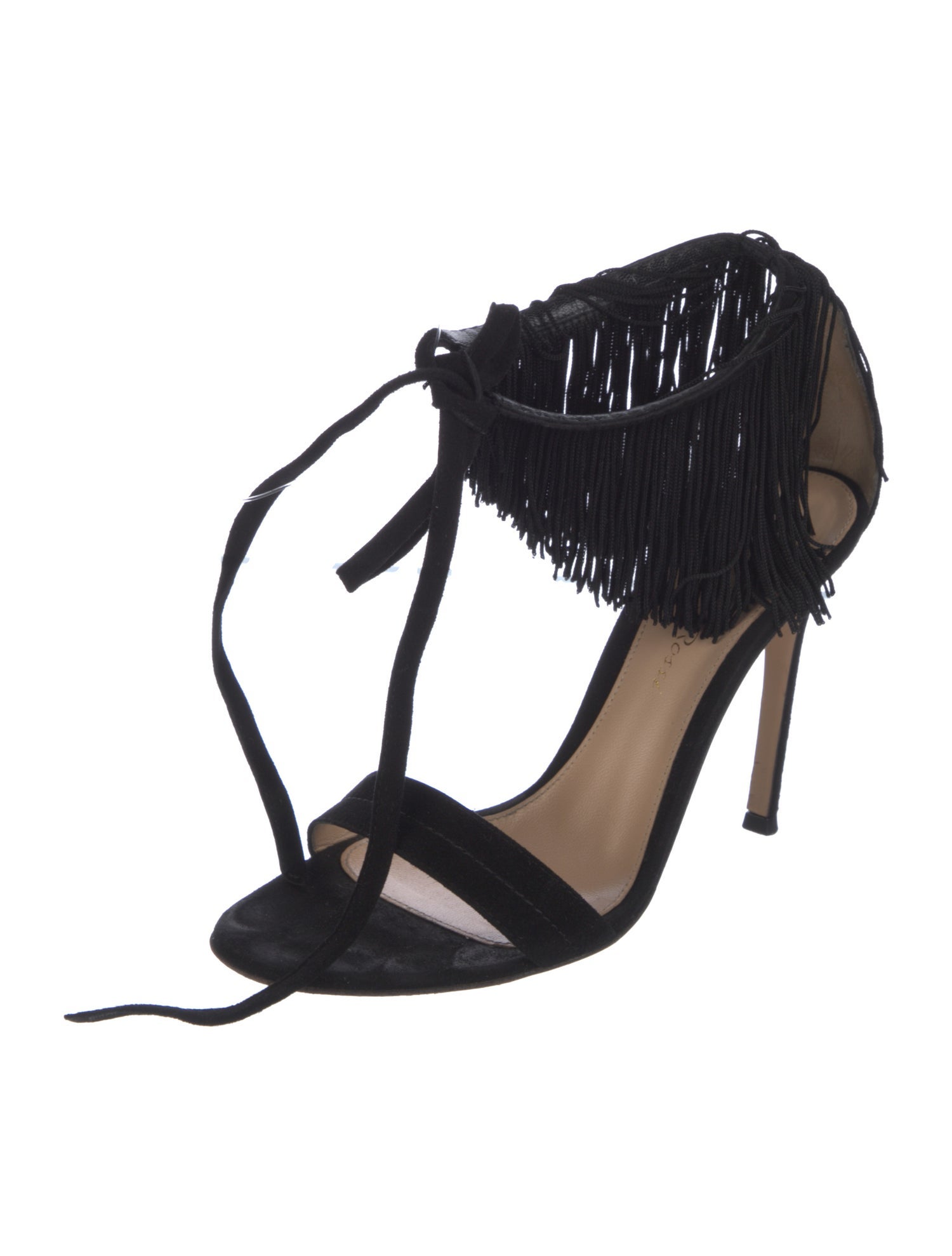 Gianvito Rossi Suede Fringe Trim Accent T-Strap Sandals