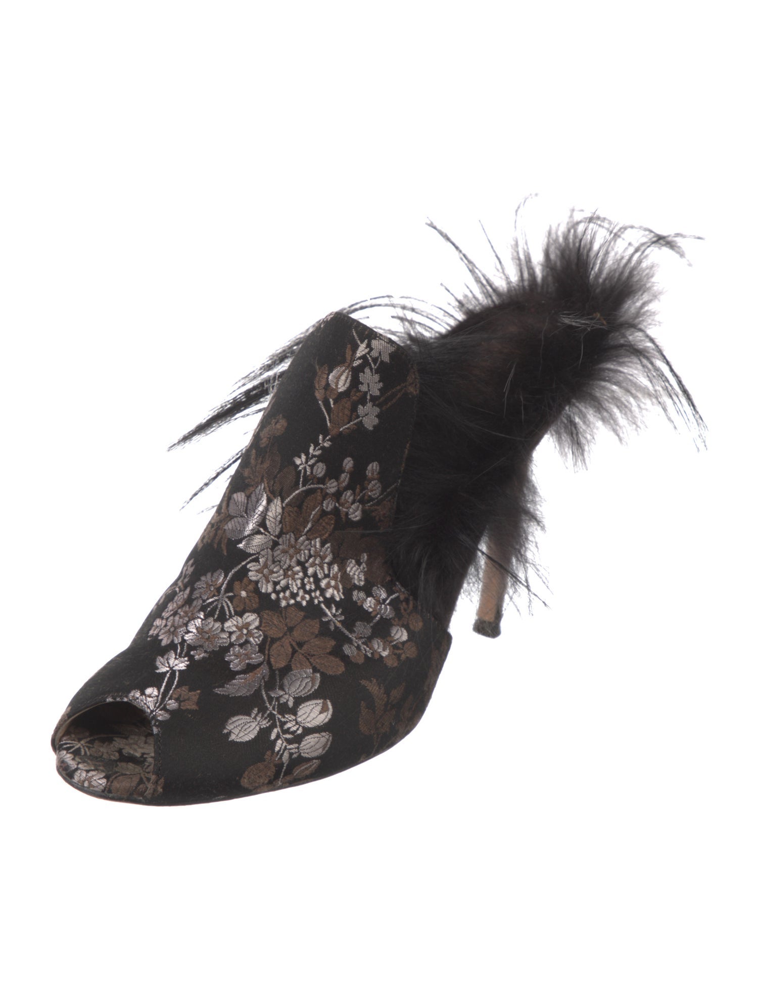 Gianvito Rossi Floral Print Feather Trim Mules