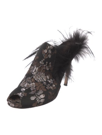 Gianvito Rossi Floral Print Feather Trim Mules