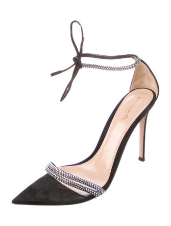Gianvito Rossi Suede Crystal Embellishments T-Strap Pumps
