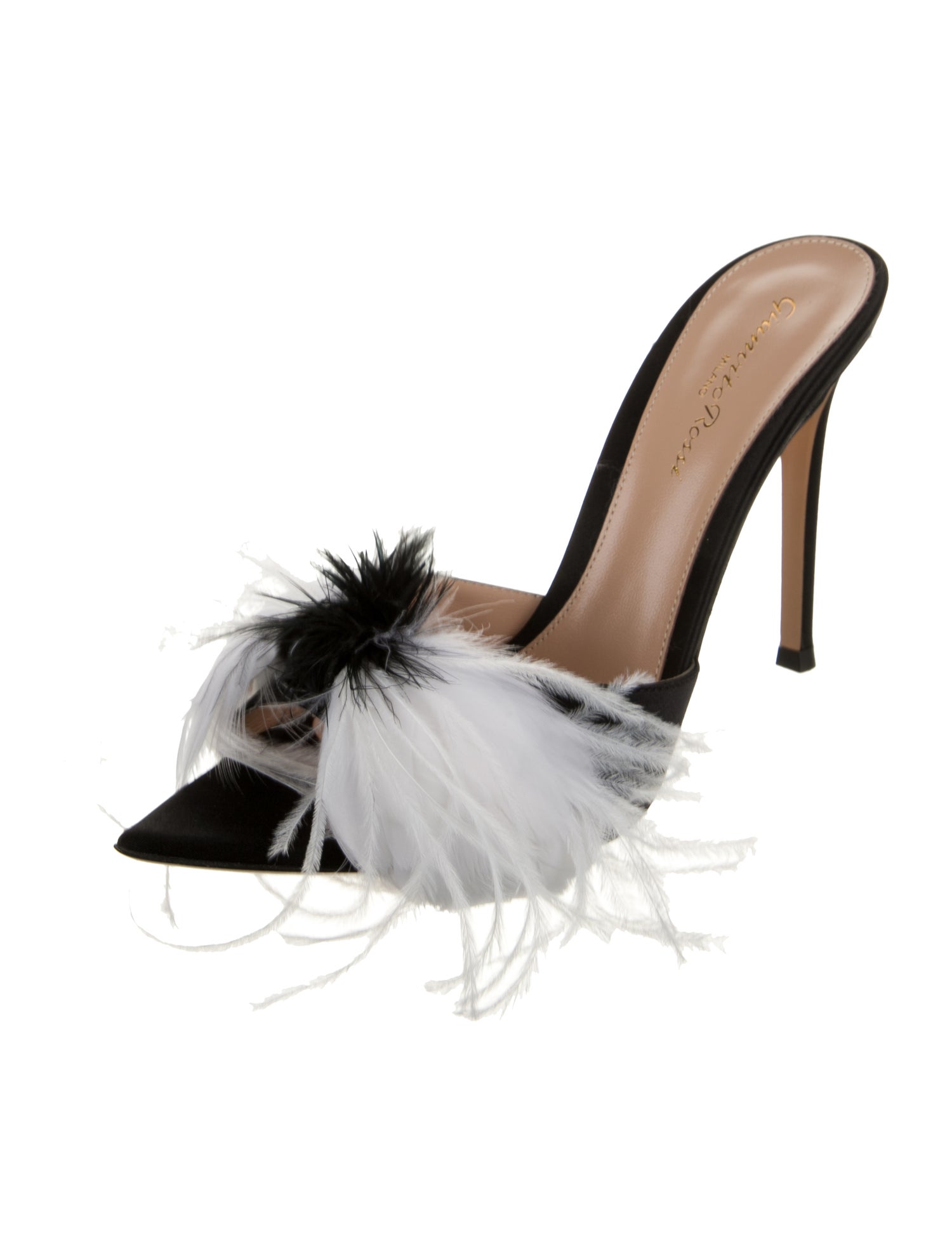 Gianvito Rossi Colorblock Pattern Feather Trim Slides