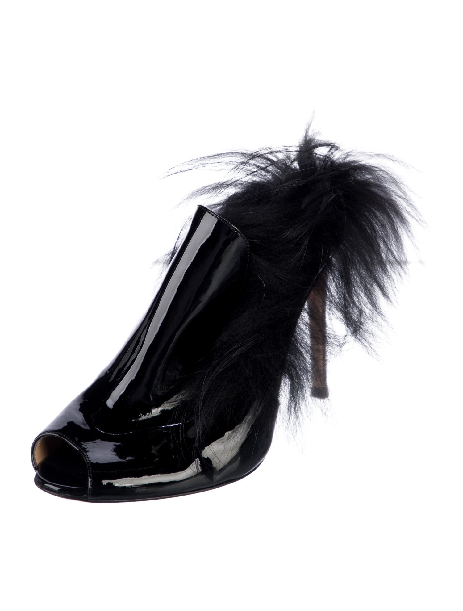 Gianvito Rossi Patent Leather Faux Fur Trim Mules