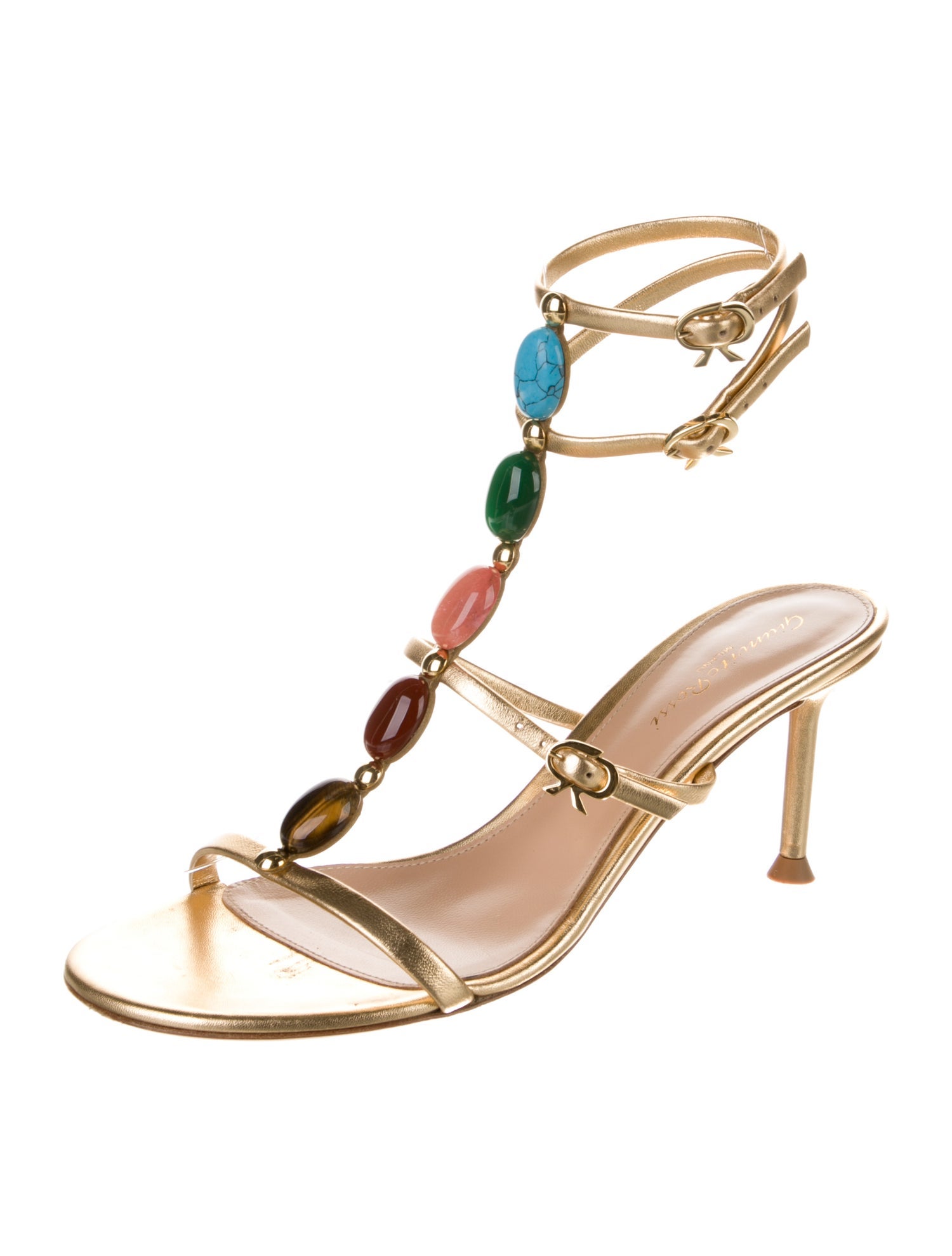 Gianvito Rossi Leather Crystal Embellishments T-Strap Sandals