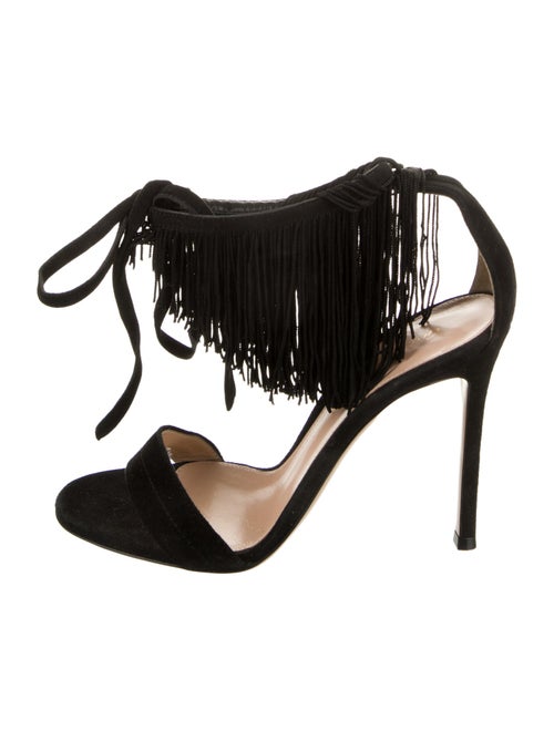 Gianvito Rossi Suede Fringe Trim Accent T-Strap Sandals