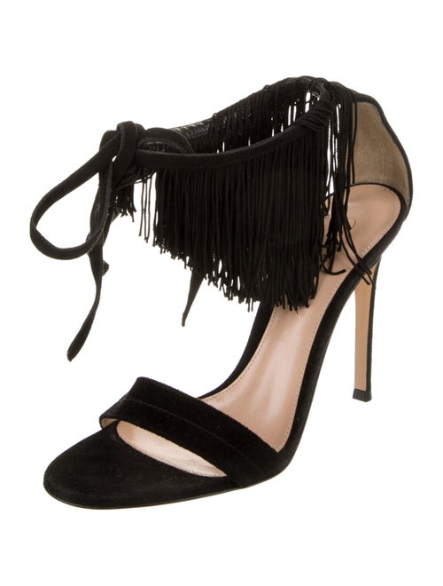 Gianvito Rossi Suede Fringe Trim Accent T-Strap Sandals