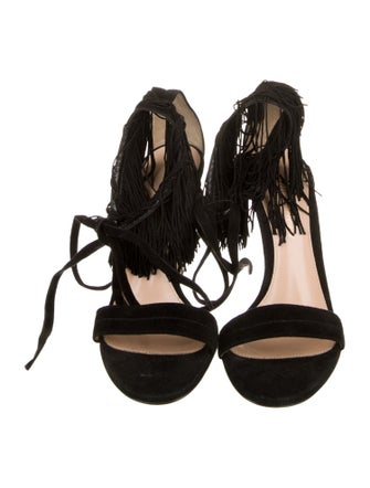 Gianvito Rossi Suede Fringe Trim Accent T-Strap Sandals