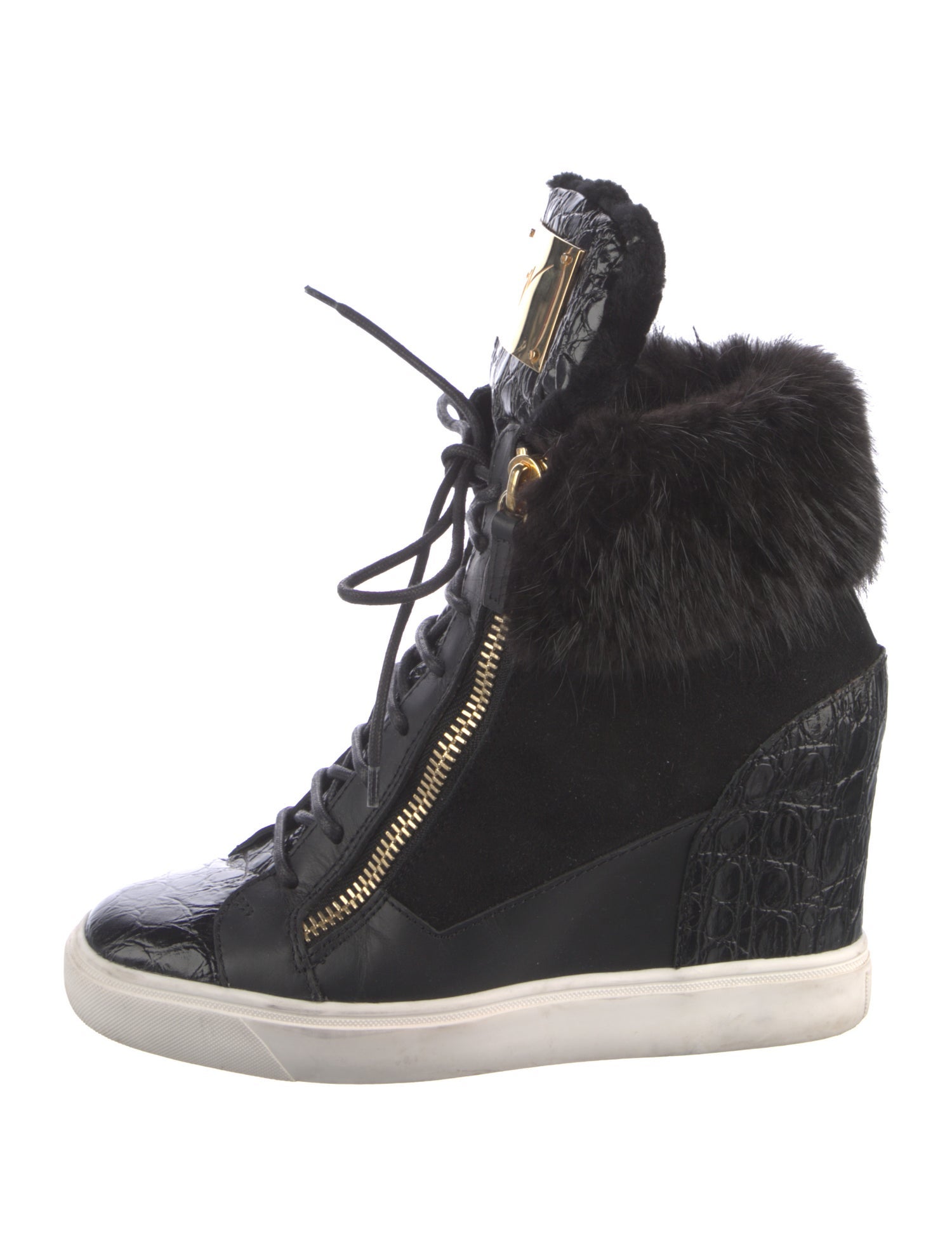 Giuseppe Zanotti Leather Fur Trim Wedge Sneakers