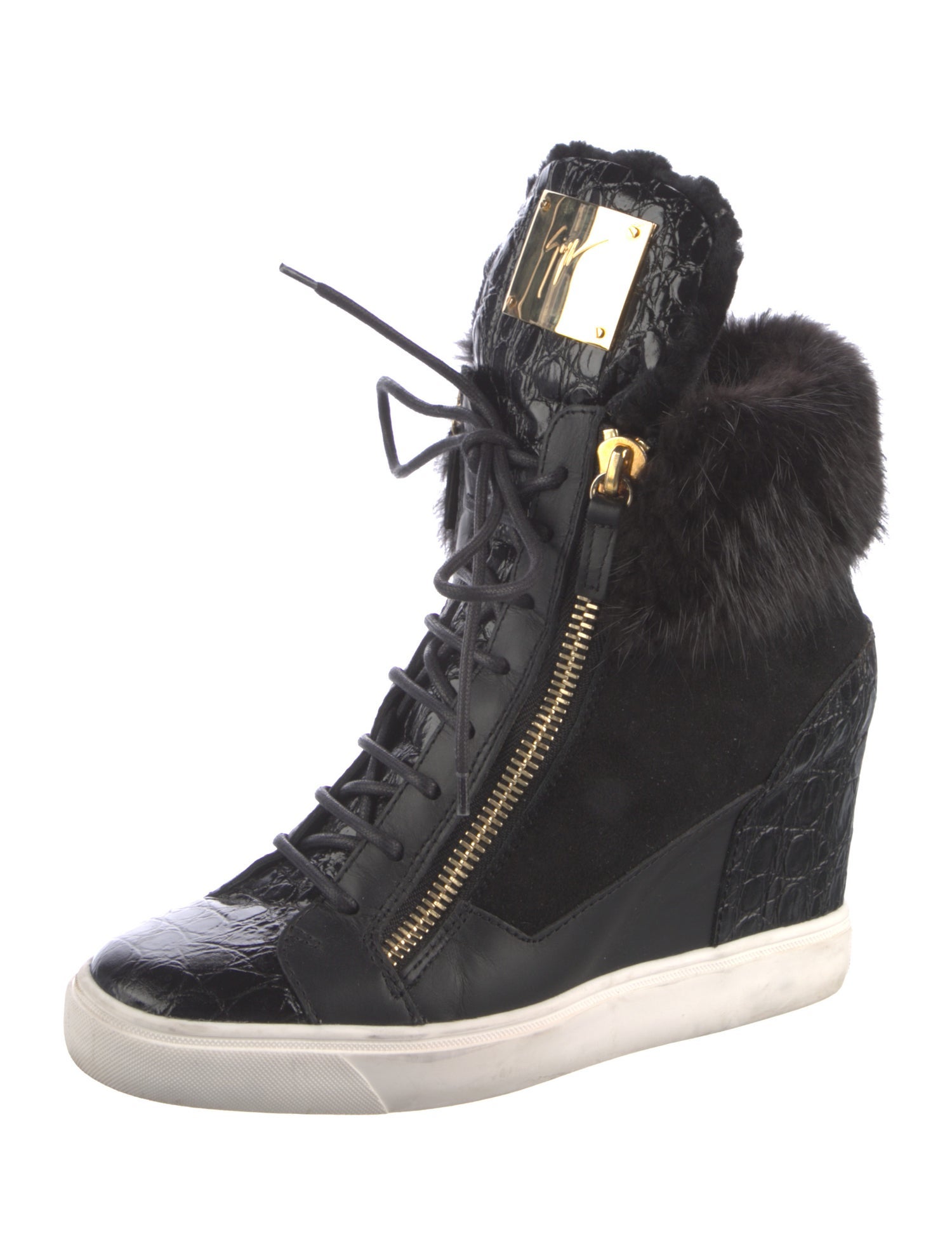 Giuseppe Zanotti Leather Fur Trim Wedge Sneakers