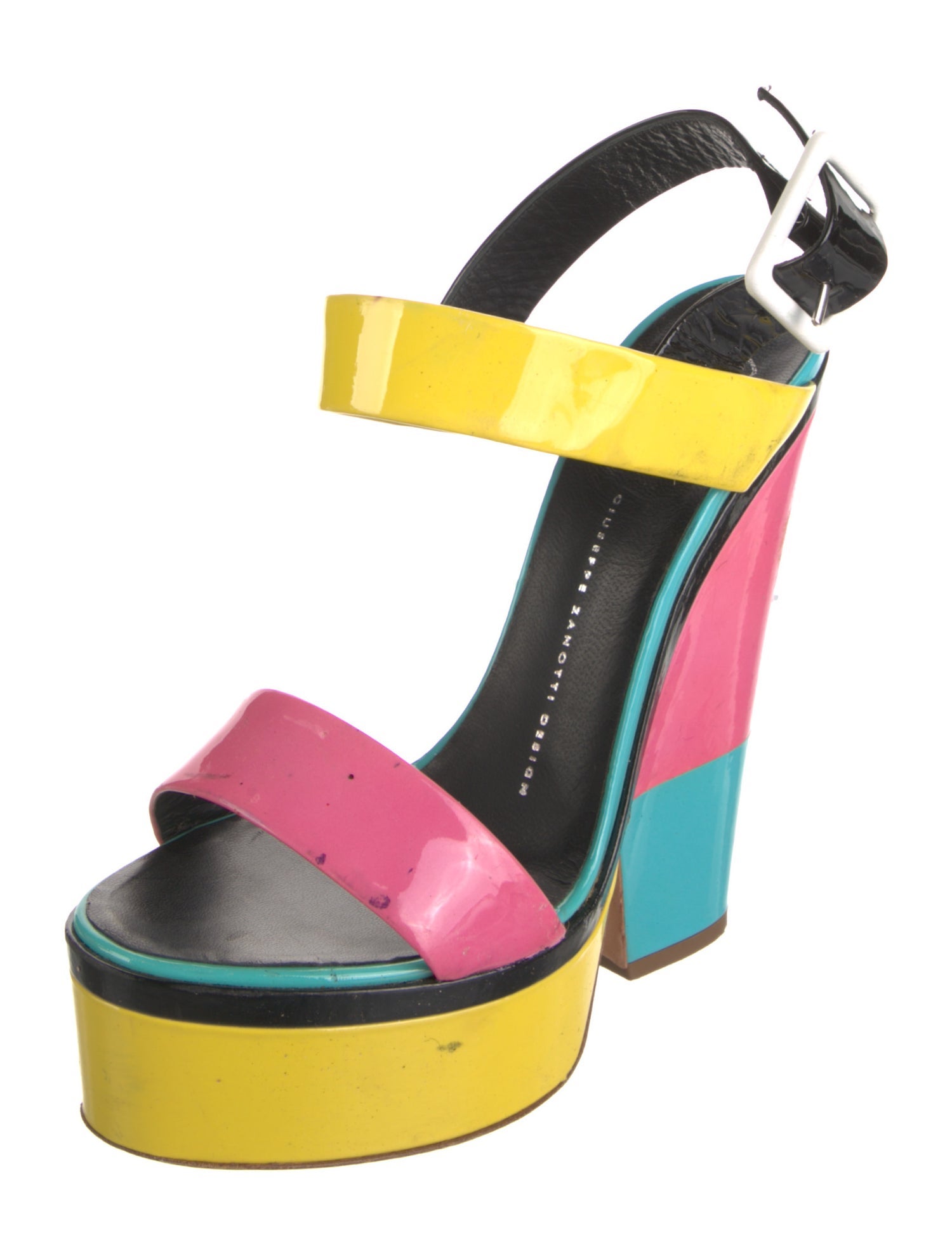 Giuseppe Zanotti Patent Leather Colorblock Pattern Slingback Sandals