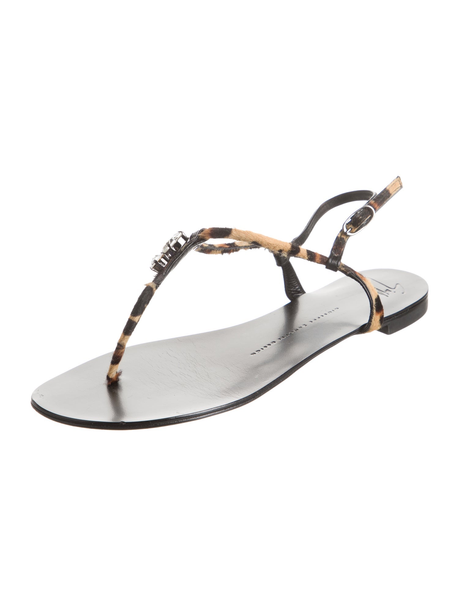 Giuseppe Zanotti Leather Plaid Print T-Strap Sandals
