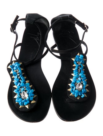 Giuseppe Zanotti Suede Crystal Embellishments T-Strap Sandals
