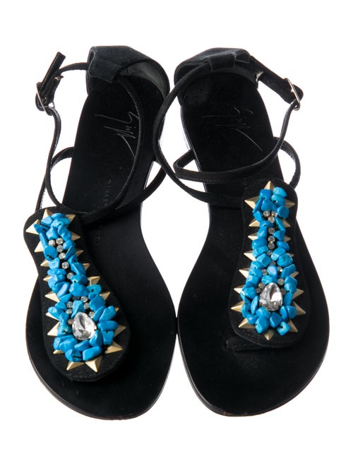 Giuseppe Zanotti Suede Crystal Embellishments T-Strap Sandals