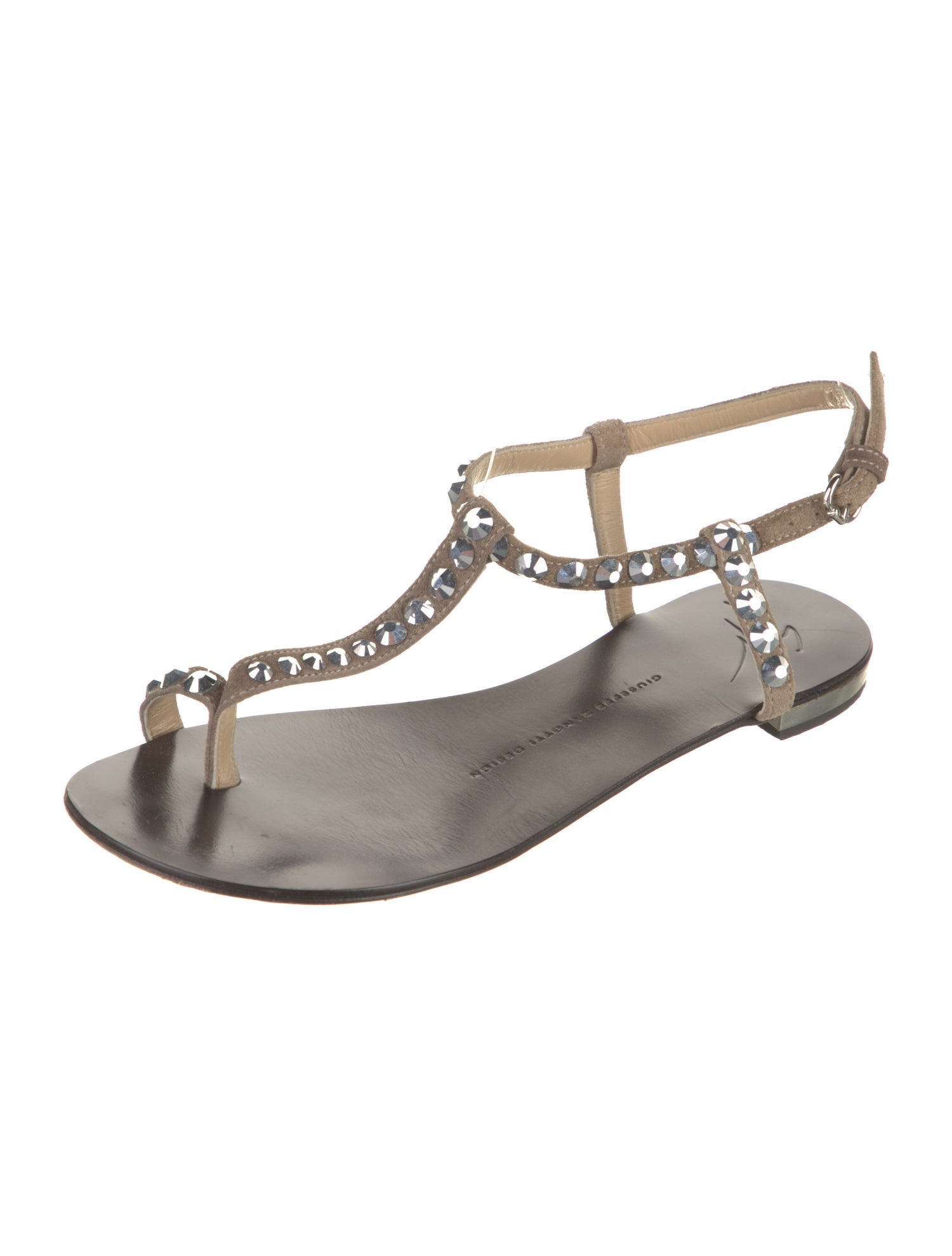 Giuseppe Zanotti Suede Crystal Embellishments T-Strap Sandals