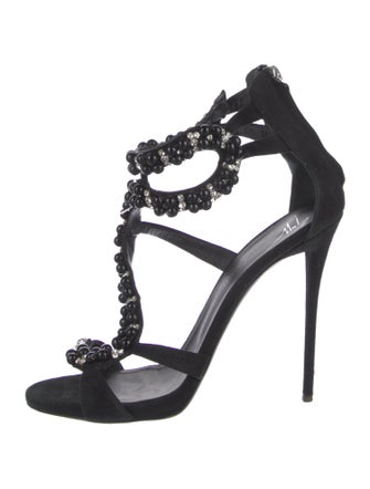 Giuseppe Zanotti Suede Crystal Embellishments T-Strap Sandals