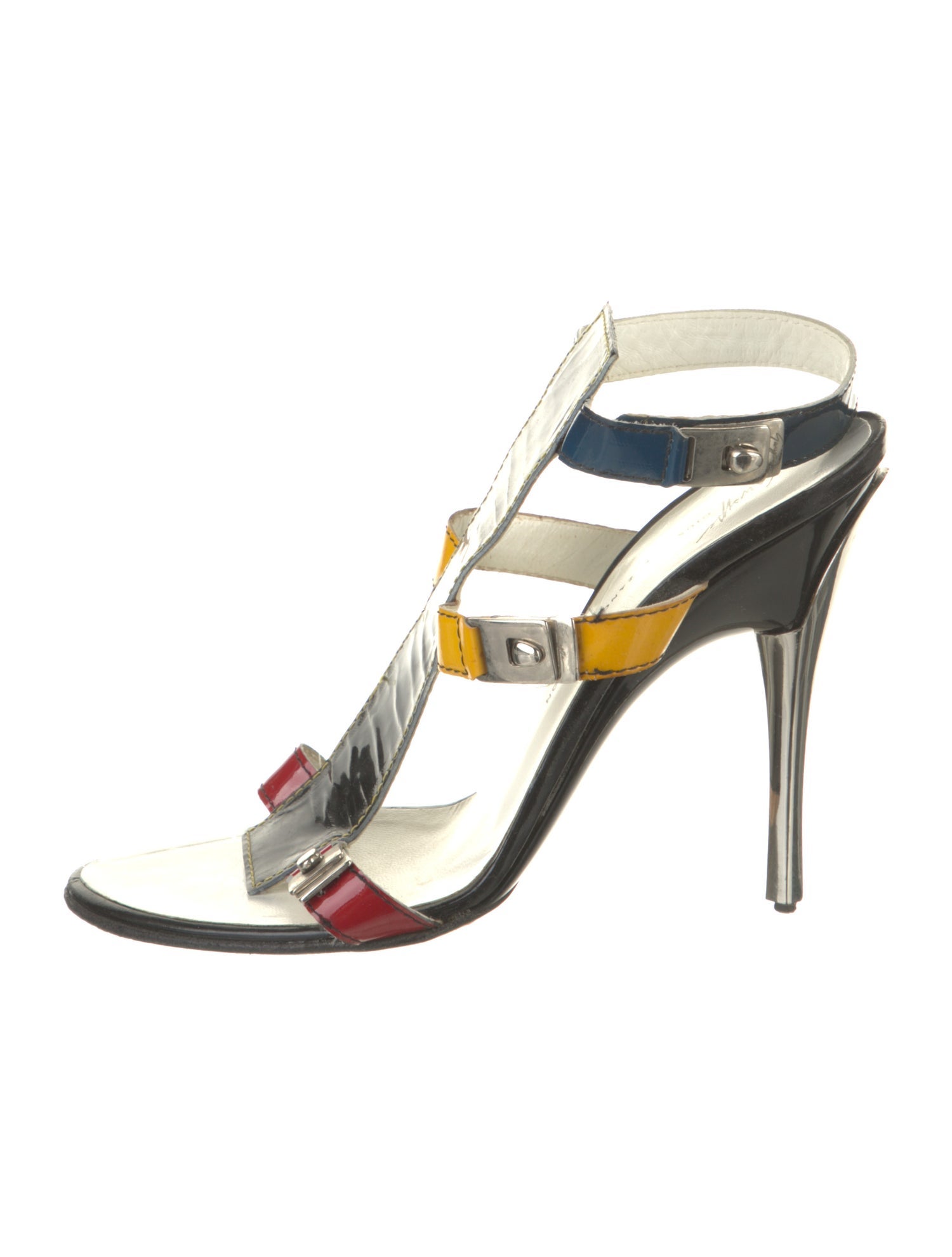 Giuseppe Zanotti Patent Leather Colorblock Pattern T-Strap Sandals