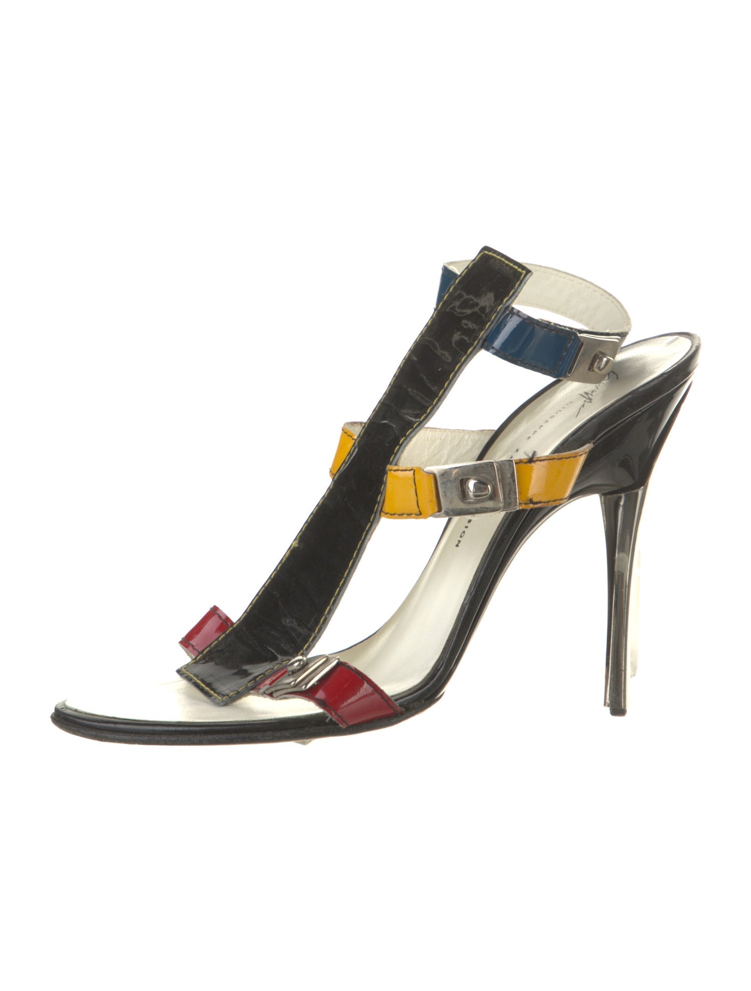 Giuseppe Zanotti Patent Leather Colorblock Pattern T-Strap Sandals