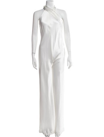 Pre-owned Galvan Satin Halterneck Jumpsuit In White