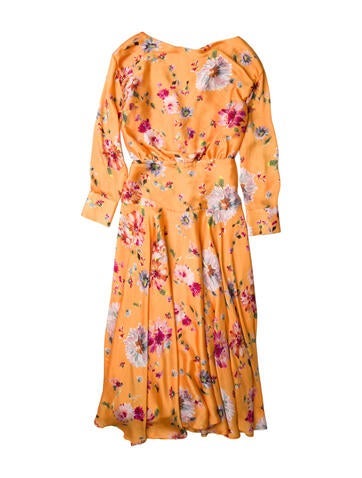 Pre-owned Galvan Floral Print Midi Length Dress In Orange