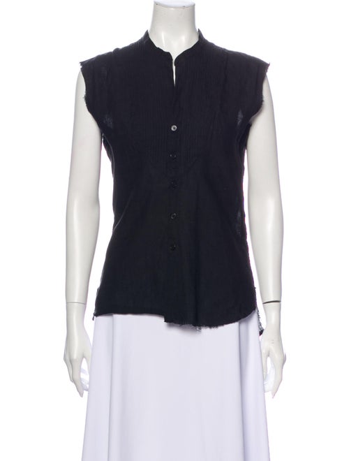 Greg Lauren Linen Mock Neck Button-Up Top Black