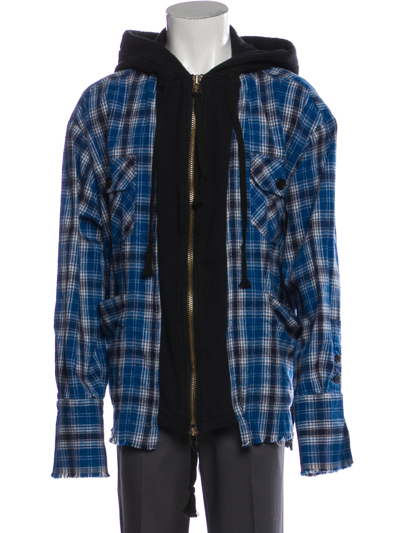 Greg Lauren Plaid Print V-Neck Hoodie