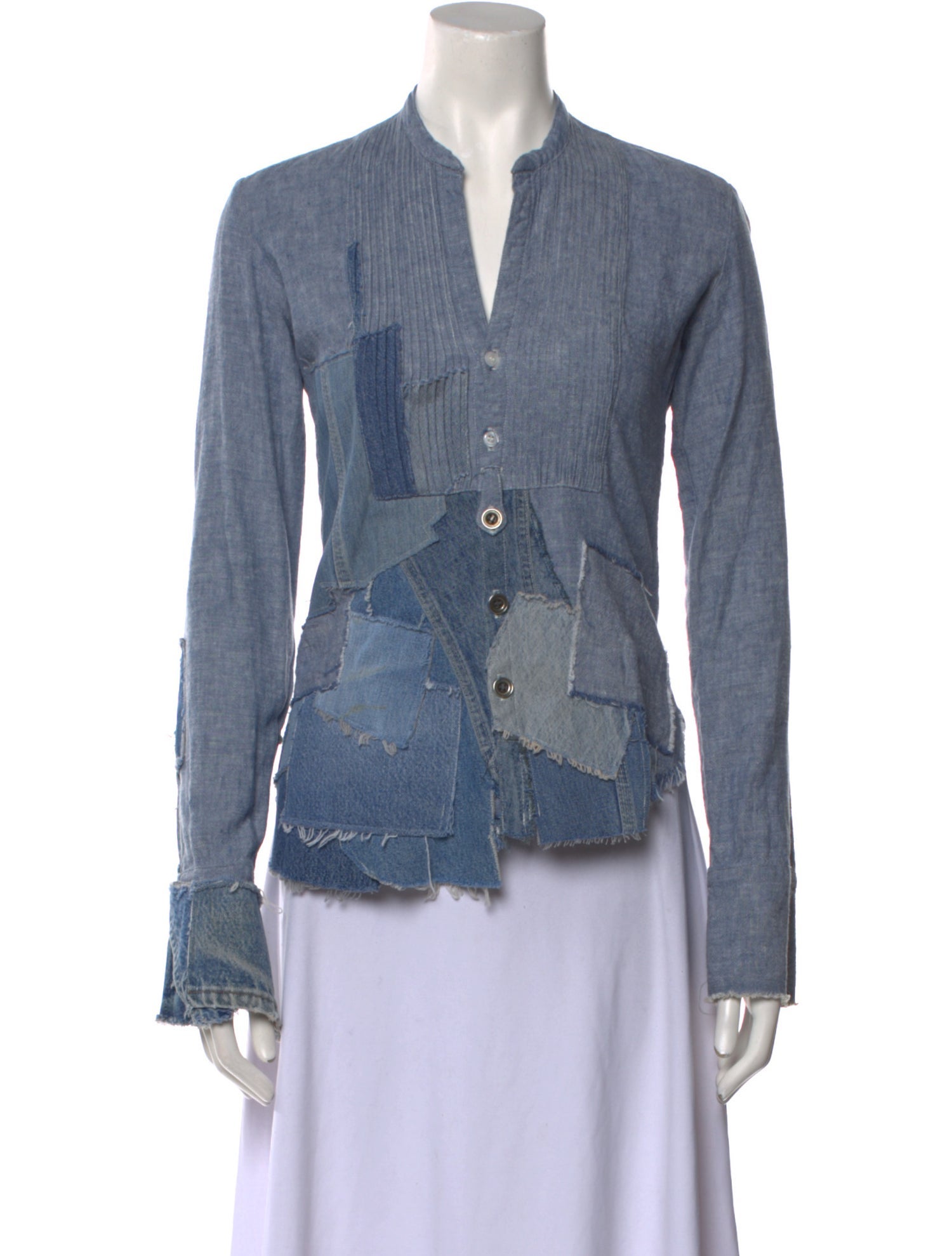 Greg Lauren Printed V-Neck Button-Up Top