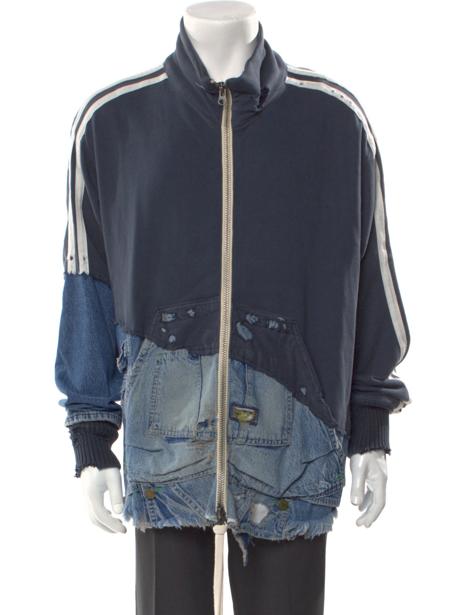 Greg Lauren 50/50 Fleece Vintage Denim Track Jacket Colorblock Pattern Hoodie