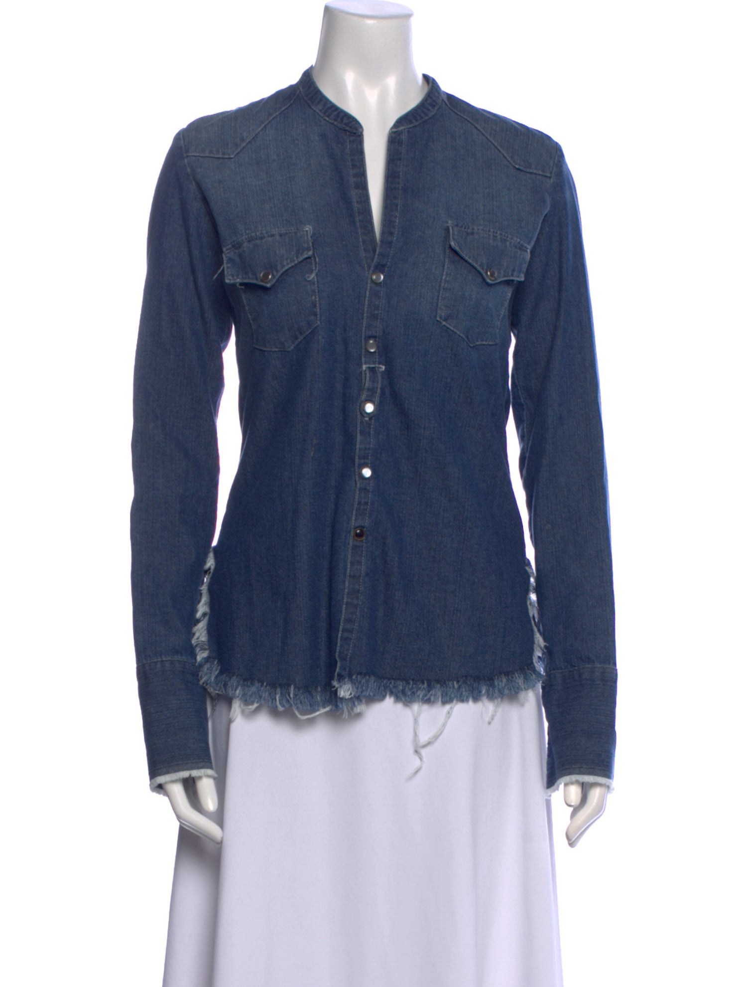 Greg Lauren Mock Neck Long Sleeve Button-Up Top